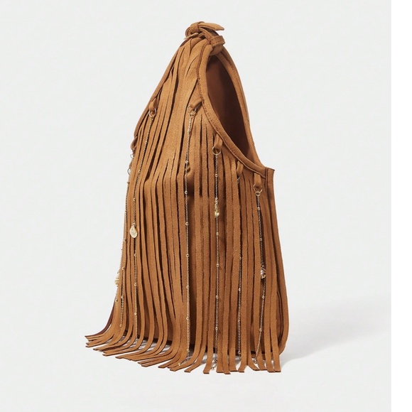 Western Vegan Suede Chain Detail Tassel Fringe Detail Tote Bag - Picture 6 of 9